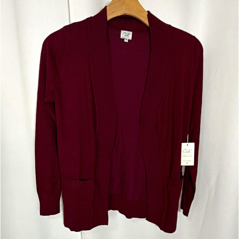 NWT Cielo Women’s M Burgundy Open Front Knit Cardigan Sweater L/S Pockets